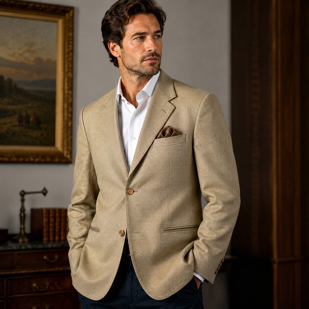 Andrew Fezza Blazer Mens 42R Tan Silk Wool Sport Coat Wedding Jacket